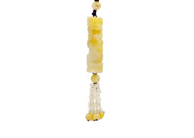 Lot 160 - Chinese carved fish motif cylindrical pendant with tassels, jade necklace.