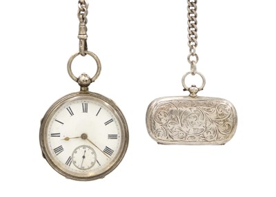 Lot 1123 - A silver open face key wind lever pocket watch, with silver Albert and two section coin holder.