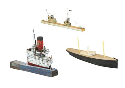 Lot 236 - A wood and collage sculpture group of two fishing boats.