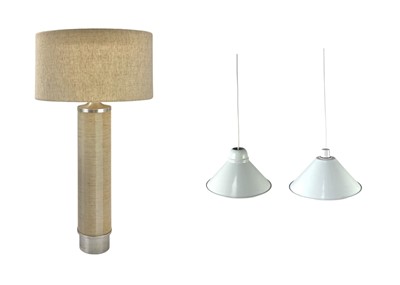Lot 435 - A 1980s brushed steel and fabric table lamp.