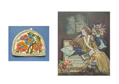 Lot 287 - A crewel work tea cosy. Framed and glazed,...