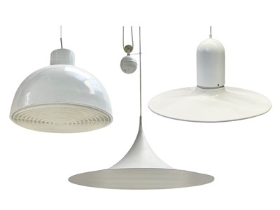 Lot 481 - Three white finished mid-century light pendants.