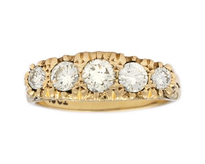 Lot 174 - An 18k gold five-stone diamond set ring.