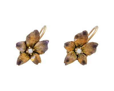 Lot 179 - A pair of early 20th century gold, enamel and pearl flower earrings.