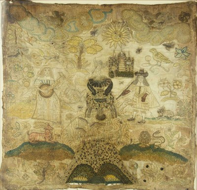 Lot 346 - A charming English stumpwork panel.