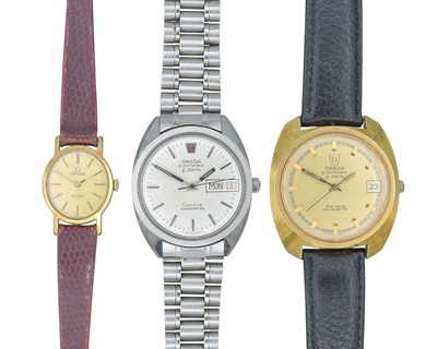 Lot 1199 - OMEGA - Two Electronic F300 Hz Geneve Chronometer gentleman's wristwatches.
