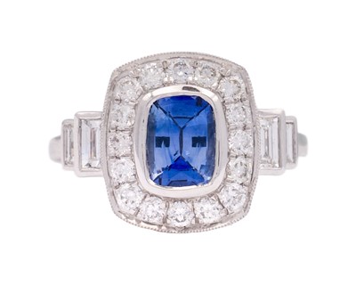 Lot 113 - An Art Deco style sapphire and diamond platinum ring.