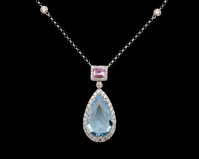 Lot 137 - An 18k white gold aquamarine, pink sapphire and diamond pendant necklace.