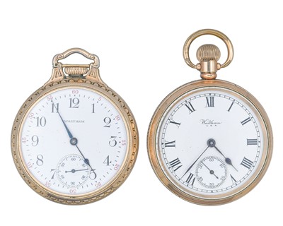 Lot 1131 - WALTHAM - Two gold-plated keyless wind open face pocket watches.