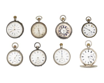 Lot 1203 - A collection of eight silver or white metal cased keyless wind pocket watches for repair or spares.