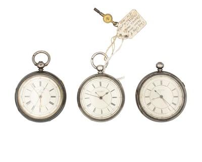 Lot 1161 - A selection of three silver key wind centre seconds chronograph pocket watches for repair or spares.