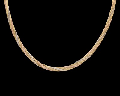 Lot 182 - A three-tone 9k gold herringbone link necklace.