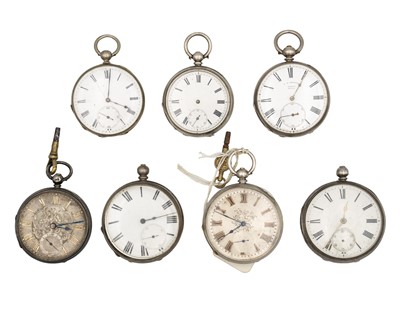 Lot 1162 - A collection of seven silver or white metal cased key wind pocket watches for repair of spares.