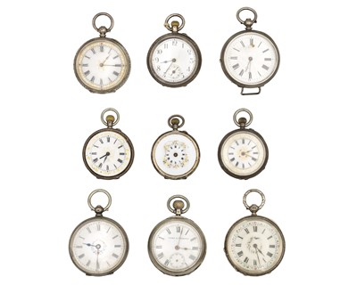 Lot 1171 - A collection of nine silver or white metal cased fob pocket watches for repair or spares.