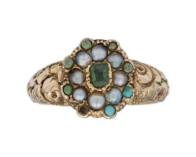 Lot 203 - A Georgian gold ring with emerald, seed pearls, and turquoise.