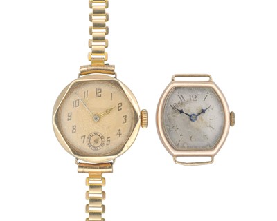 Lot 1208 - Two Art Deco 9k cased lady's manual wind wristwatches.