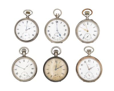 Lot 1185 - A selection of six silver cased Swiss open face keyless wind pocket watches, including Omega.