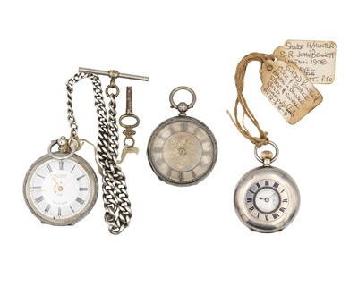 Lot 1195 - A selection three silver Swiss movement fob pocket watches and a silver graduated Albert chain.