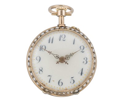 Lot 1141A - A Swiss 14k rose gold pearl and pink sapphire pave set keyless wind fob pocket watch.