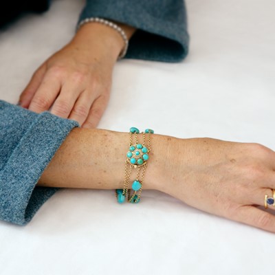 Lot 140 - An attractive Victorian gold, turquoise, and diamond set bracelet.