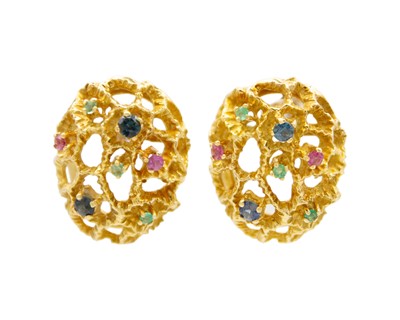 Lot 143 - A pair of mid-century high-purity gold, pink and blue sapphire, and emerald set earrings.