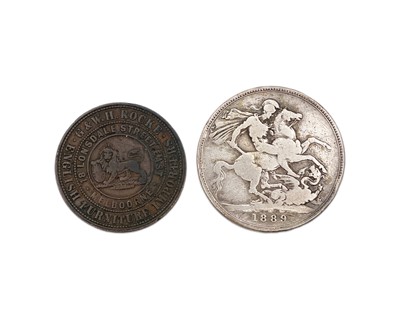Lot 223 - A Victoria silver crown 1889 coin, and an Australia Melbourne Victoria 1859 copper penny token.