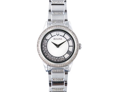 Lot 233 - BULOVA - A Crystal Turnstyle stainless steel quartz lady's bracelet wristwatch.