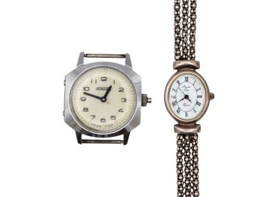 Lot 110 - A modern silver quartz lady's bracelet wristwatch by Milor, and a Raketa manual wind braille watch.