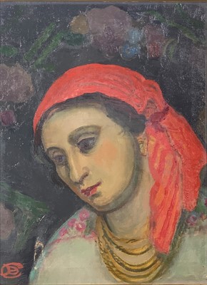Lot 1063 - Modern Brittish School The Red Head Scarf Oil...
