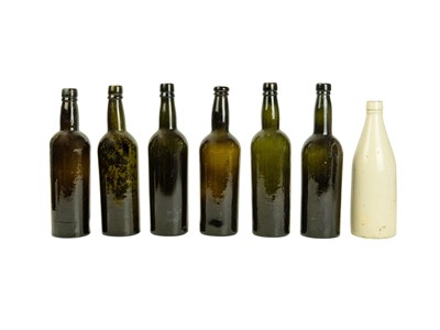 Lot 755 - Six 19th century glass wine bottles of dark olive green tint.
