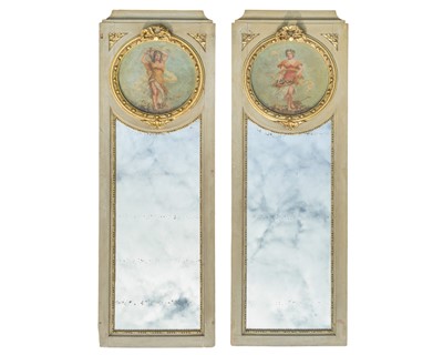 Lot 525 - A pair of French painted and parcel gilt Trumeau mirrors.