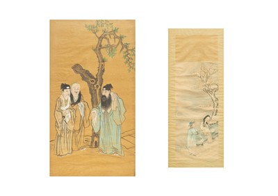 Lot 387 - A Chinese watercolour of three scholars beneath a tree.