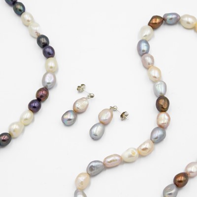 Lot 64 - Three multi-coloured freshwater cultured pearl necklaces, and a pair of earrings.