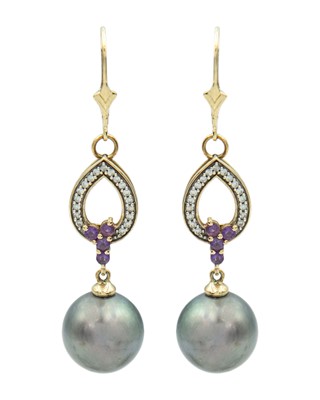 Lot 76 - A pair of 9k gold Tahitian cultured pearl pendant earrings.