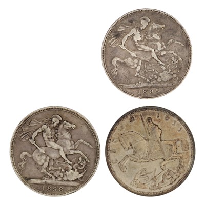 Lot 205 - GB silver crown coins - two Victoria crowns and a George V 1935 'Rocking Horse' crown.