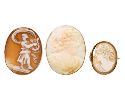 Lot 141 - A selection of three shell cameo brooches set in 9k gold.