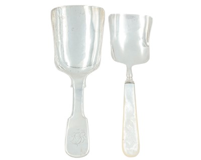 Lot 33 - Two 19th-century silver caddy spoons with shovel bowls by George Unite.