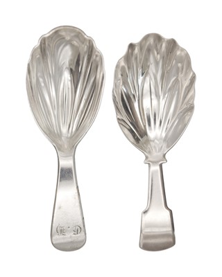 Lot 35 - Two similar 19th-century overlapping leaf of feather embossed bowl caddy spoons.