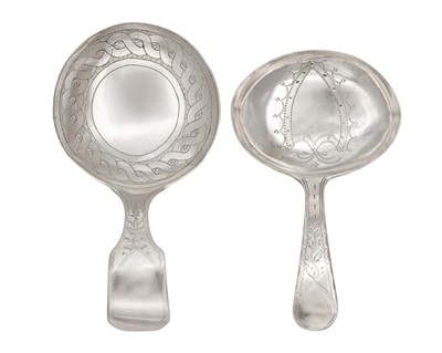 Lot 39 - Two George III silver bright cut caddy spoons by Joseph Taylor.