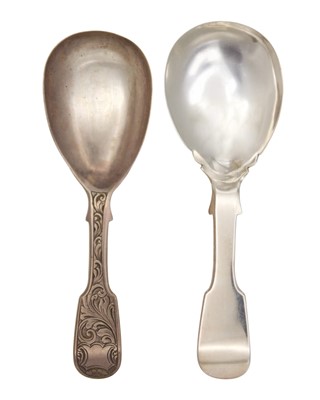 Lot 55 - Two Victorian silver caddy spoons by George Unite, both with fiddle handles.