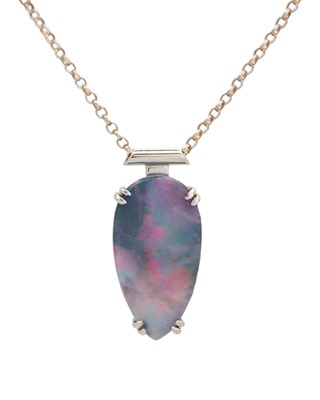 Lot 66 - A silver and black opal, double-sided, doublet pendant necklace.