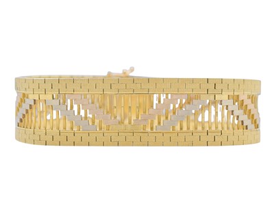 Lot 2 - An 18k tri-colour gold brick link bracelet.