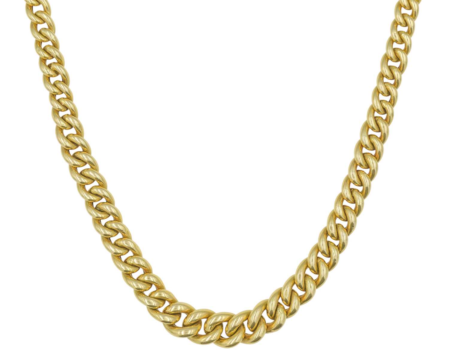 Lot 24 - A heavy 18k gold graduated curb link 18" necklace.
