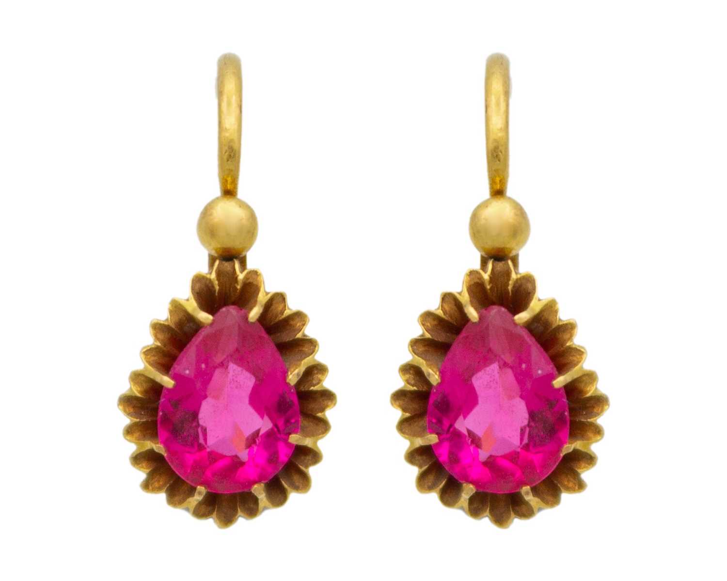 Lot 26 - A pair of high-purity gold with synthetic ruby earrings.