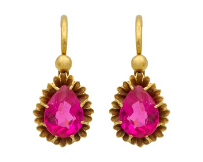 Lot 26 - A pair of high-purity gold with synthetic ruby earrings.
