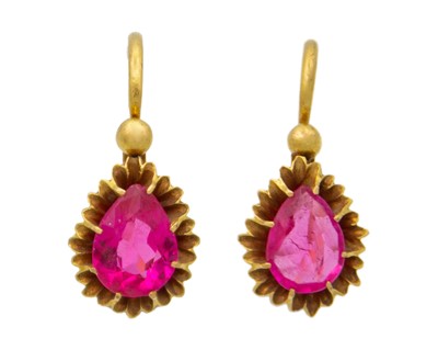 Lot 26 - A pair of high-purity gold with synthetic ruby earrings.