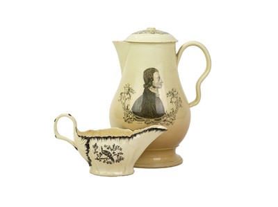 Lot 740 - A good creamware jug and cover, probably Liverpool.