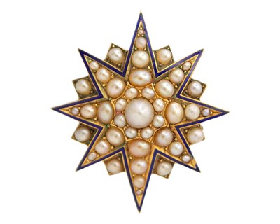 Lot 242 - A Victorian high-purity gold, enamel, and pearl set mourning star brooch.