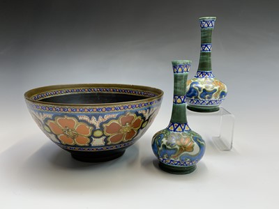 Lot 863 - A pair of Gouda spill vases, painted marks,...