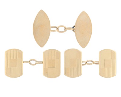 Lot 272 - A pair of 9k gold engine-turned engraved cufflinks and one loose cufflink.